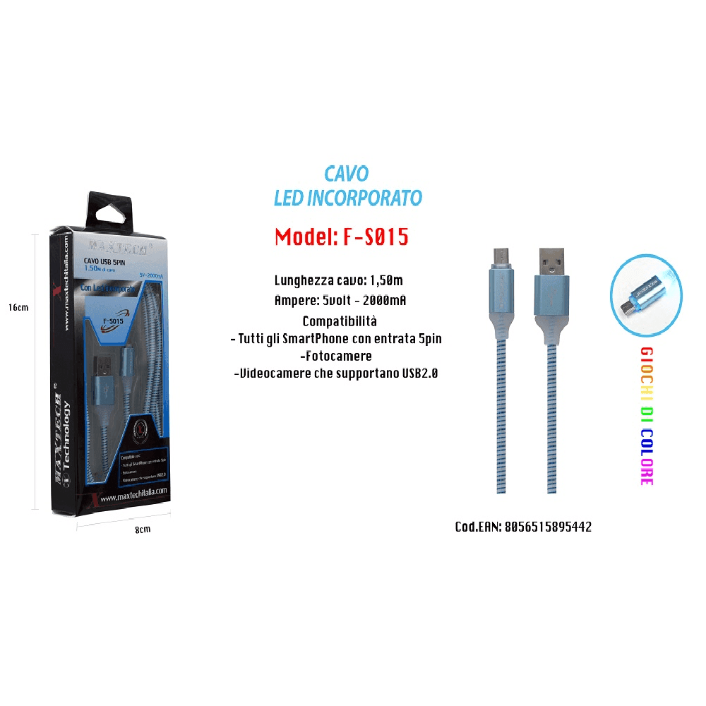 CAVO DI RICARICA USB LED INCORPORATO SMARTPHONE FOTOCAMERE 5V-2000MA 1,50MT MAXTECH F-S015 - 2