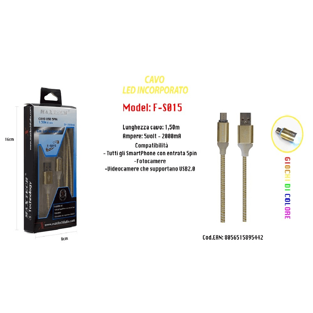 CAVO DI RICARICA USB LED INCORPORATO SMARTPHONE FOTOCAMERE 5V-2000MA 1,50MT MAXTECH F-S015 - 3