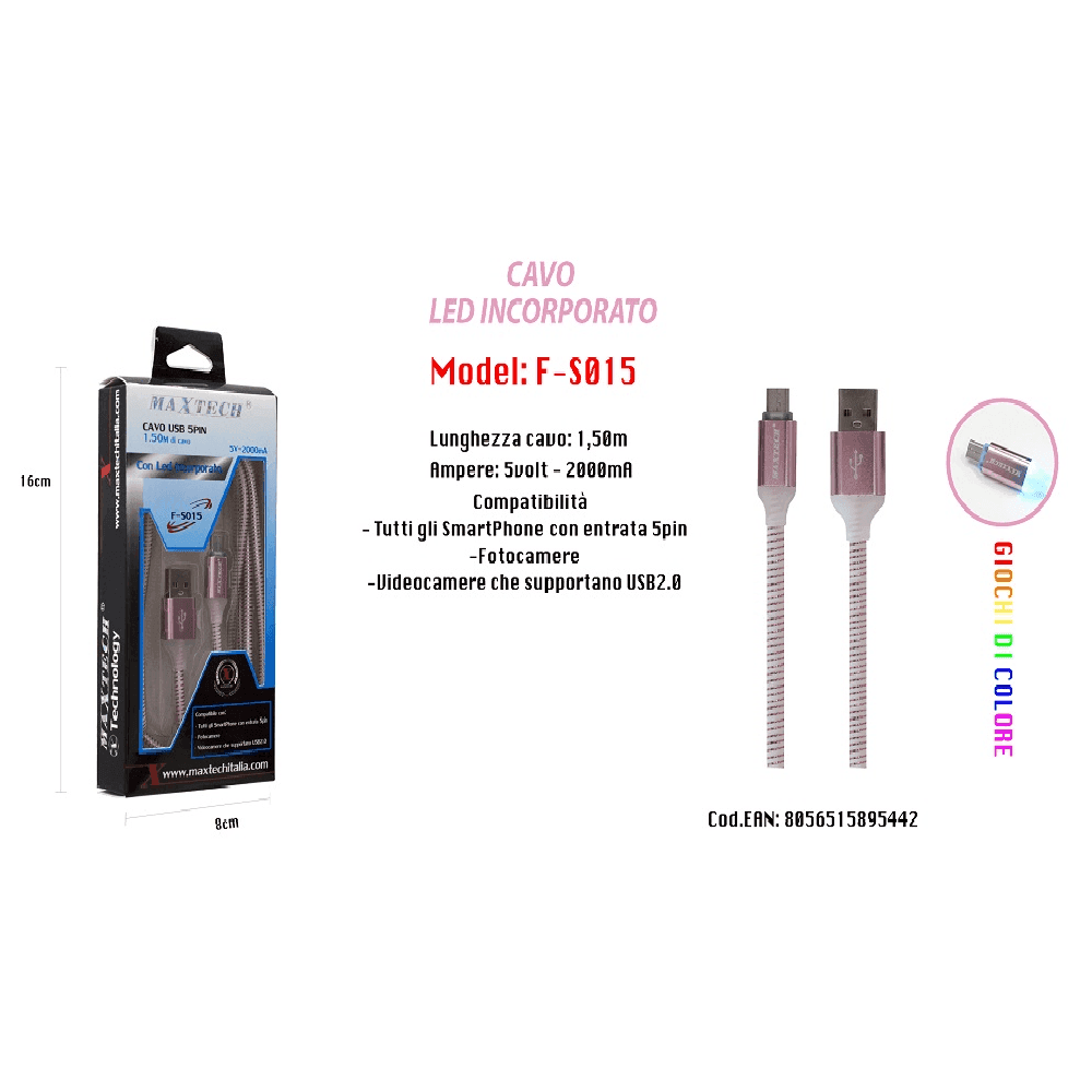 CAVO DI RICARICA USB LED INCORPORATO SMARTPHONE FOTOCAMERE 5V-2000MA 1,50MT MAXTECH F-S015 - 4