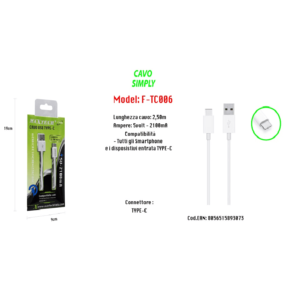 CAVO USB DI RICARICA SINCRONIZZAZIONE SIMPLY 2,50MT SMARTPHONE 5V-2100MA MAXTECH F-TC006 - 2