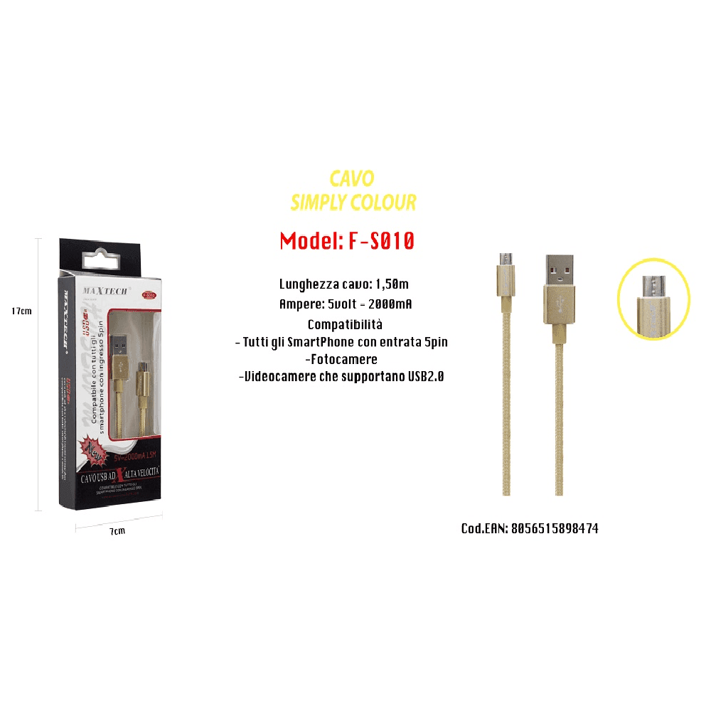 CAVO SIMPLY COLOUR PER SMARTPHONE 5VOLT - 2000MA LUNGHEZZA 1,5MT MAXTECH F-S010 - 2