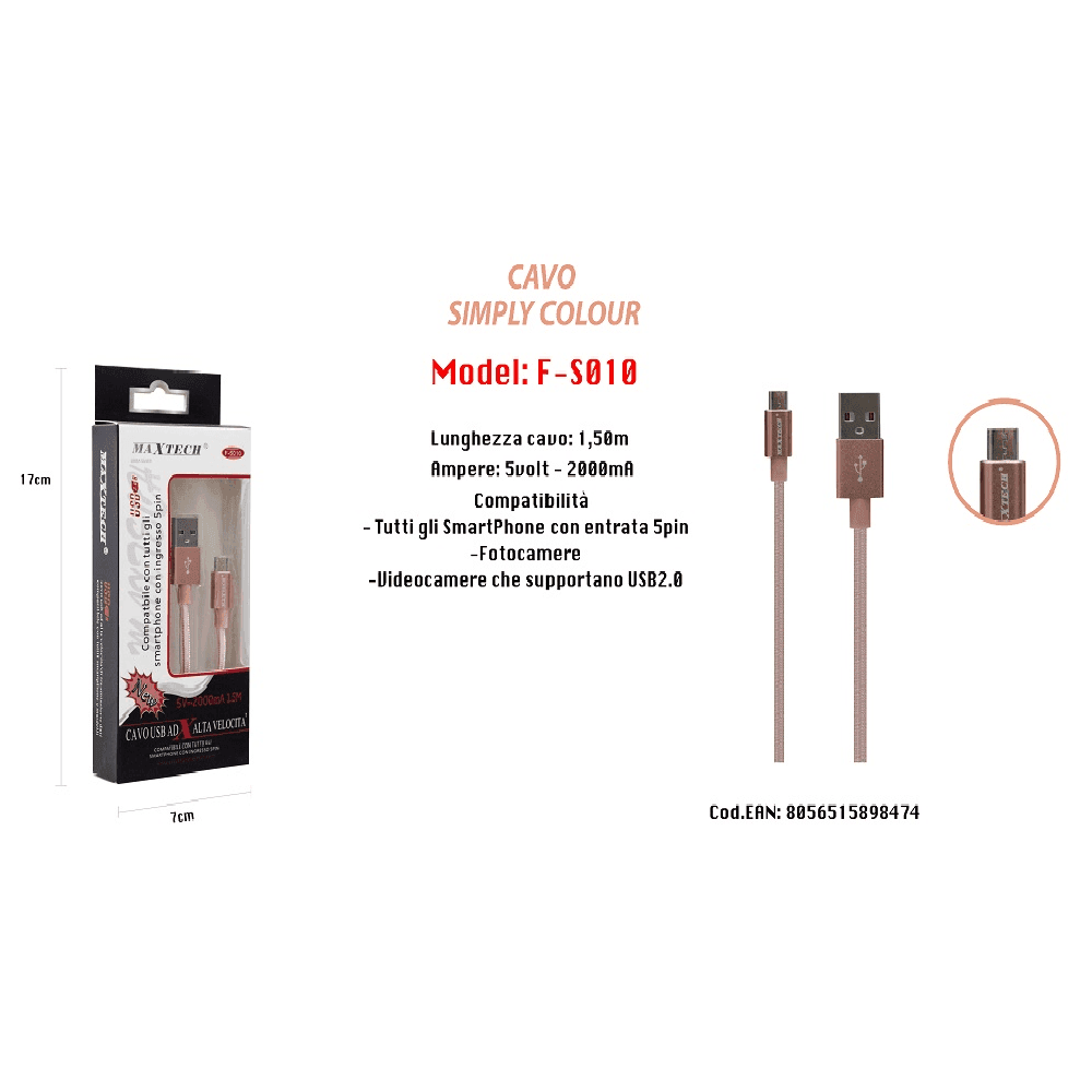 CAVO SIMPLY COLOUR PER SMARTPHONE 5VOLT - 2000MA LUNGHEZZA 1,5MT MAXTECH F-S010 - 3