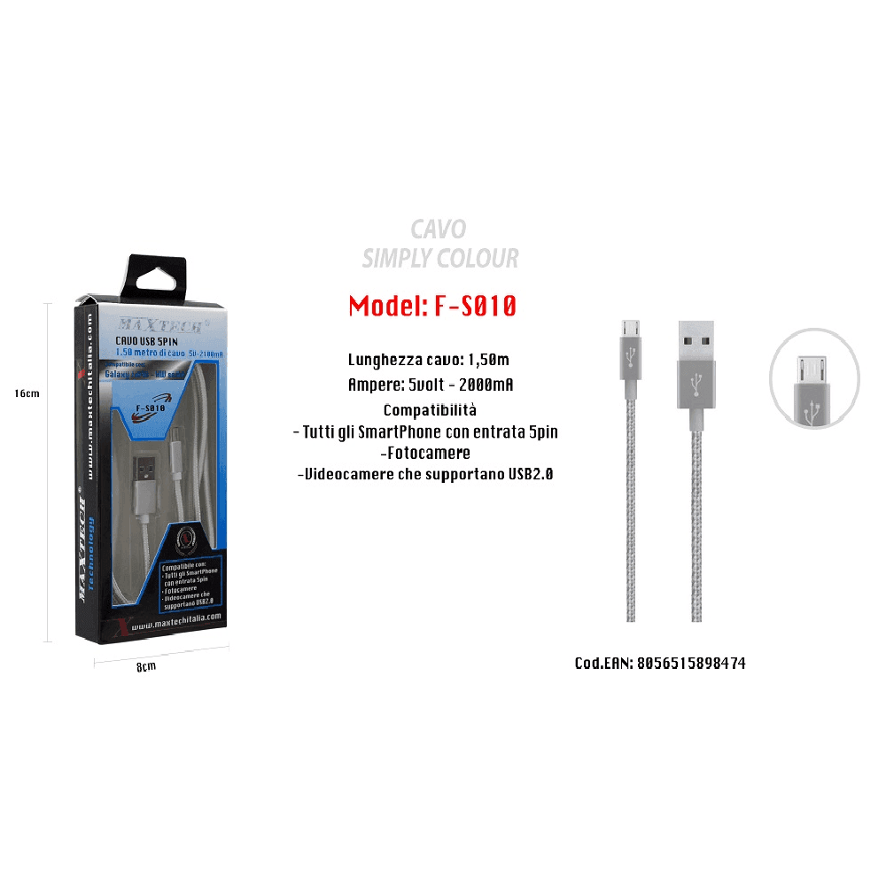 CAVO SIMPLY COLOUR PER SMARTPHONE 5VOLT - 2000MA LUNGHEZZA 1,5MT MAXTECH F-S010 - 4