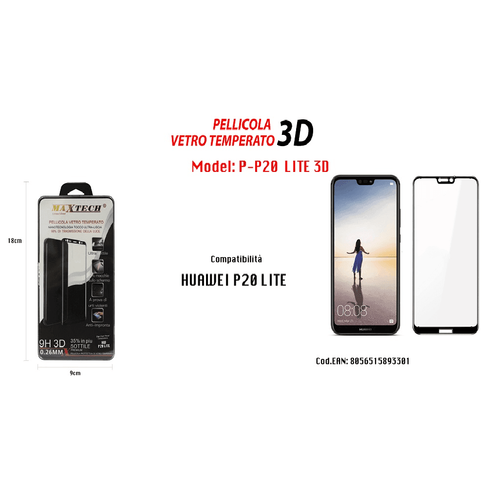 PELLICOLA VETRO TEMPERATO 3D HUAWEI P20 LITE NERO PROTEZIONE TOTALE MAXTECH P-P20 LITE 3D - 2