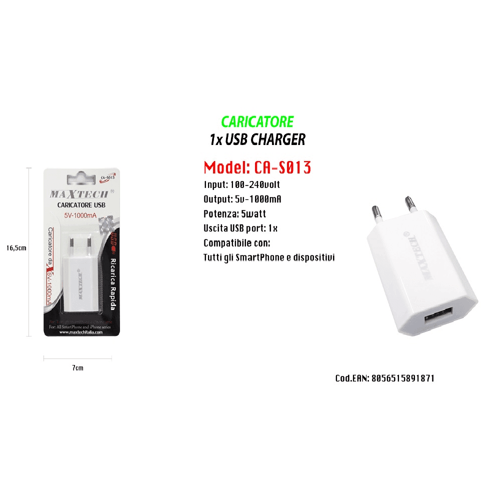 CARICATORE USB RICARICA PER SMARTPHONE IPHONE SERIES 5V - 1000MA MAXTECH CA-S013 - 2