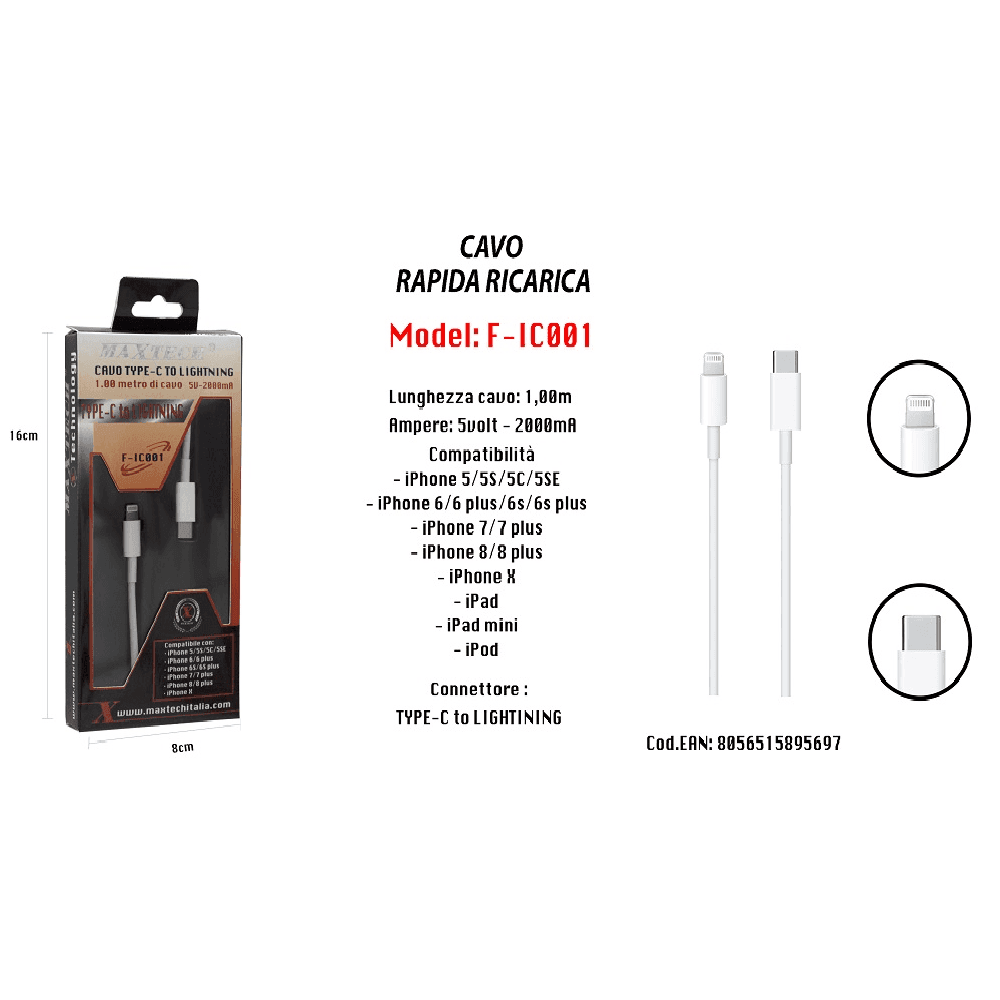 CAVO RICARICA RAPIDA PER IPHONE IPAD IPOD DA TYPE‑C A LIGHTNING MAXTECH F-IC001 - 2