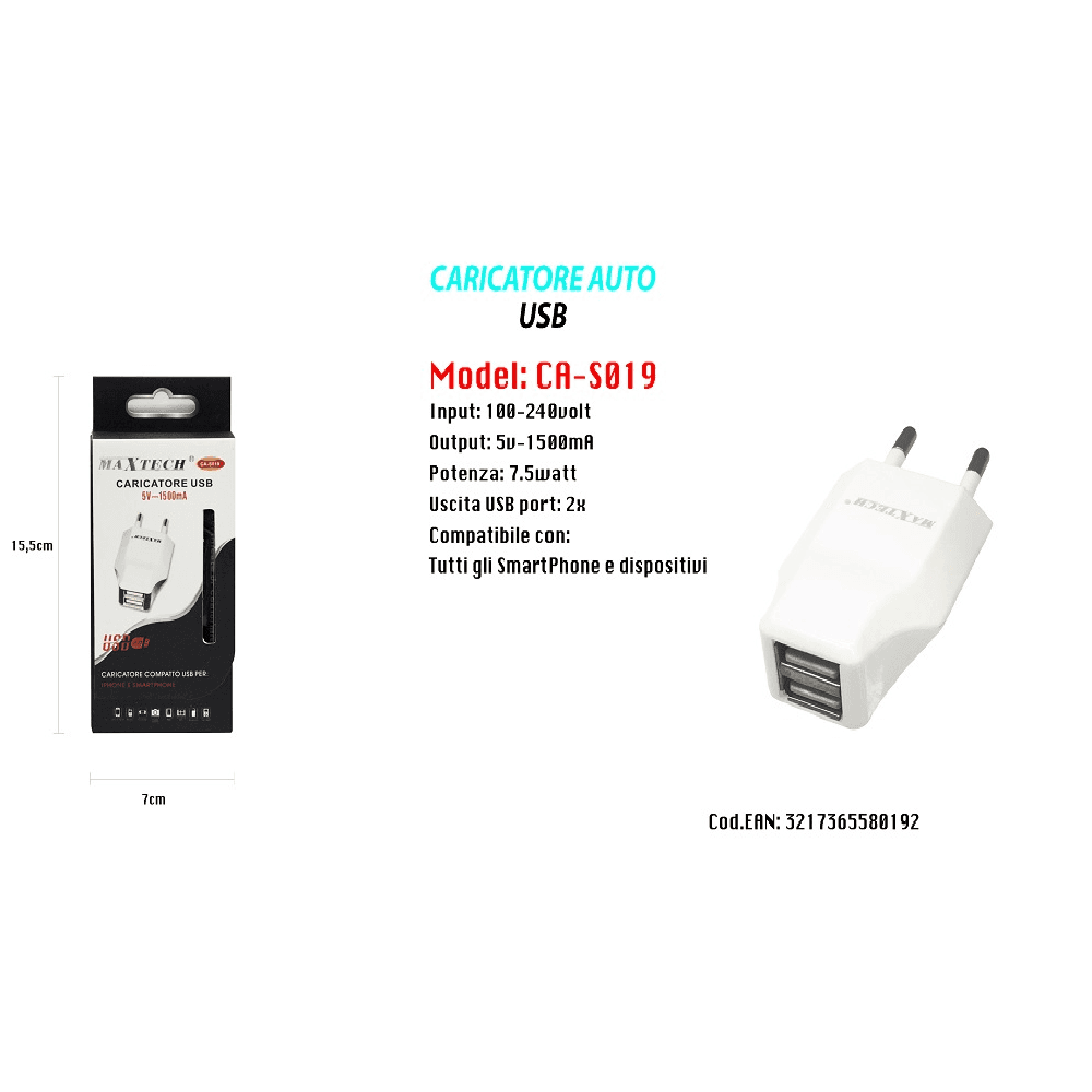 CARICATORE USB AUTO PORTATILE CELLULARE SMARTPHONE 5V - 1500MA MAXTECH 7.5W S019 - 2