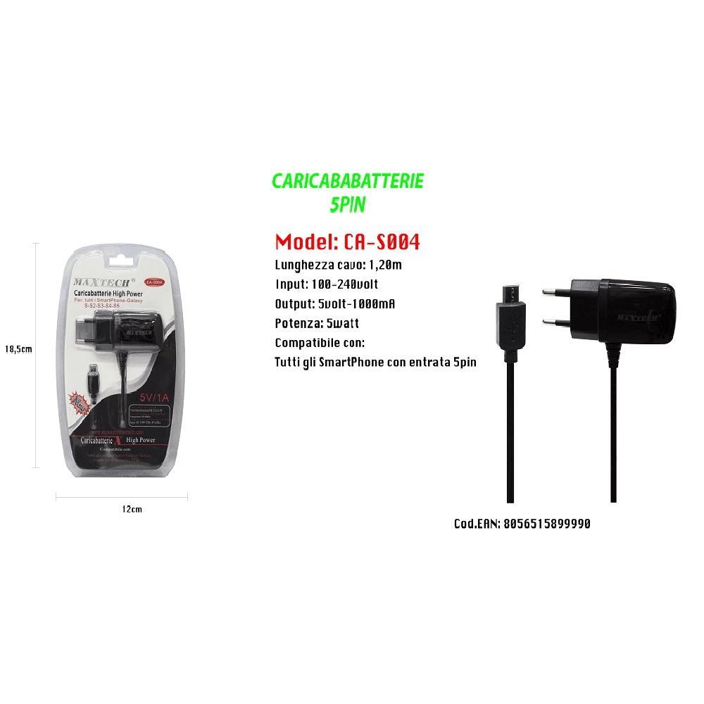 CARICABATTERIA DA RETE FISSA CON ATTACCO MICRO USB 5PIN 5V-1000MAH MAXTECH CA-S004 - 2