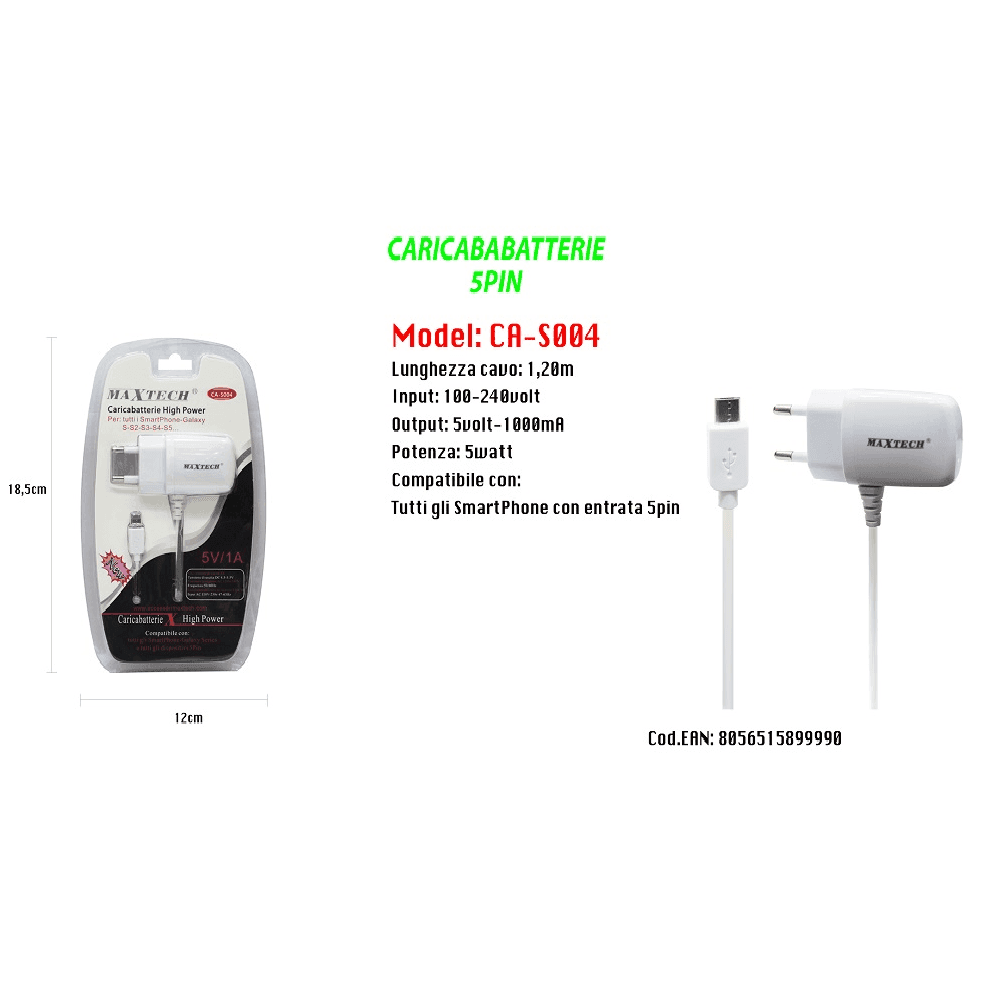 CARICABATTERIA DA RETE FISSA CON ATTACCO MICRO USB 5PIN 5V-1000MAH MAXTECH CA-S004 - 3