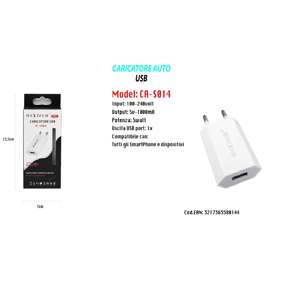 CARICABATTERIA CARICATORE USB DA AUTO RICARICA SMARTPHONE DISPOSITIVI 5V-1000MA MAXTECH CA-S014 - 2