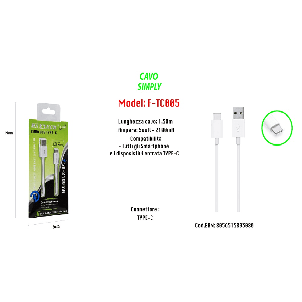 CAVO USB PER RICARICA SMARTPHONE 1,50MT SIMPLY 5VOLT - 2100MA MAXTECH F-TC005 - 2