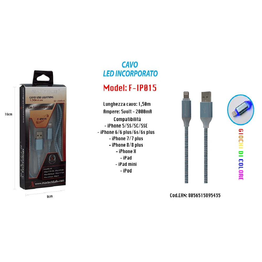 CAVO RICARICA LED INCORPORATO PER IPHONE IPAD IPOD 5VOLT-2000MA MAXTECH F-IP015 - 2