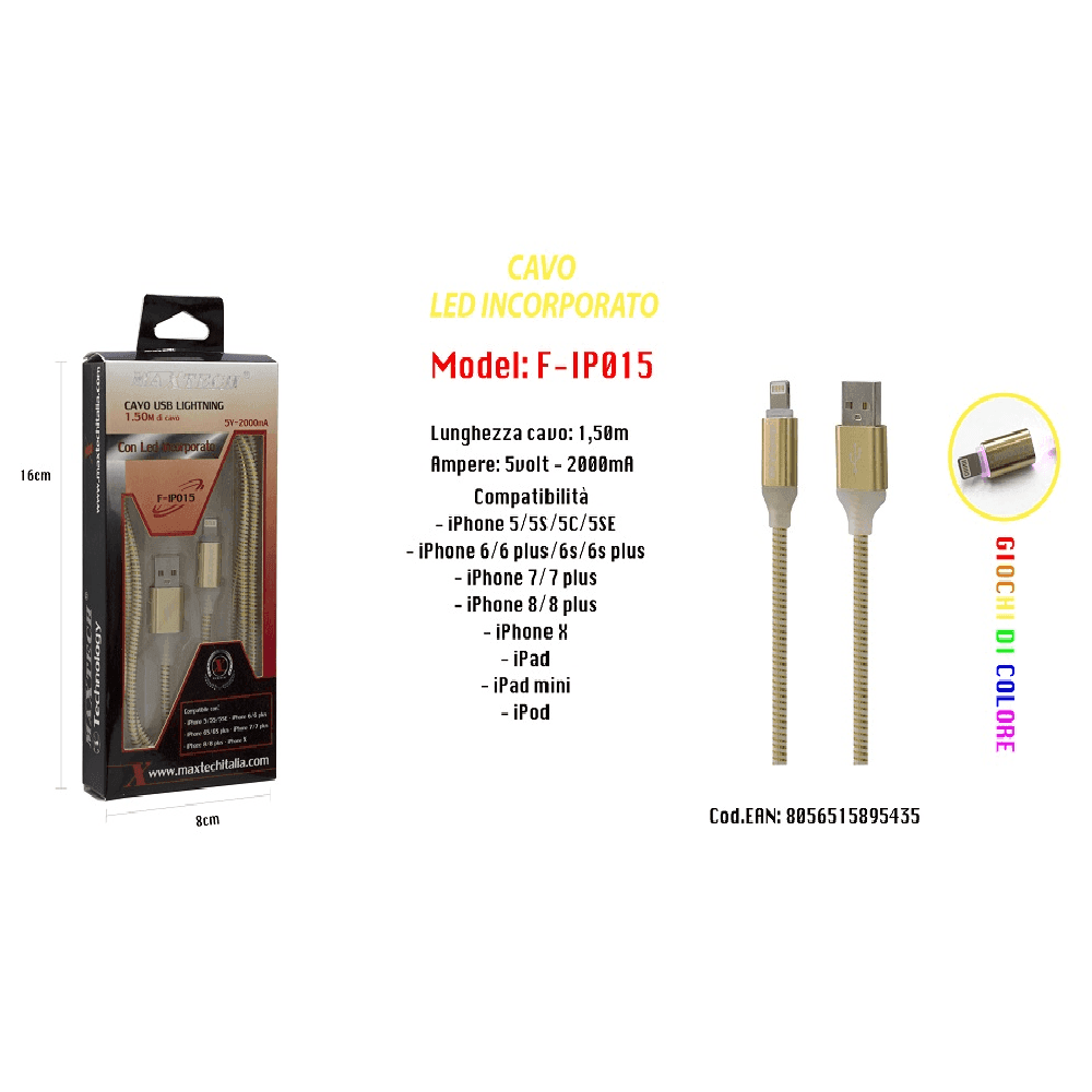 CAVO RICARICA LED INCORPORATO PER IPHONE IPAD IPOD 5VOLT-2000MA MAXTECH F-IP015 - 3