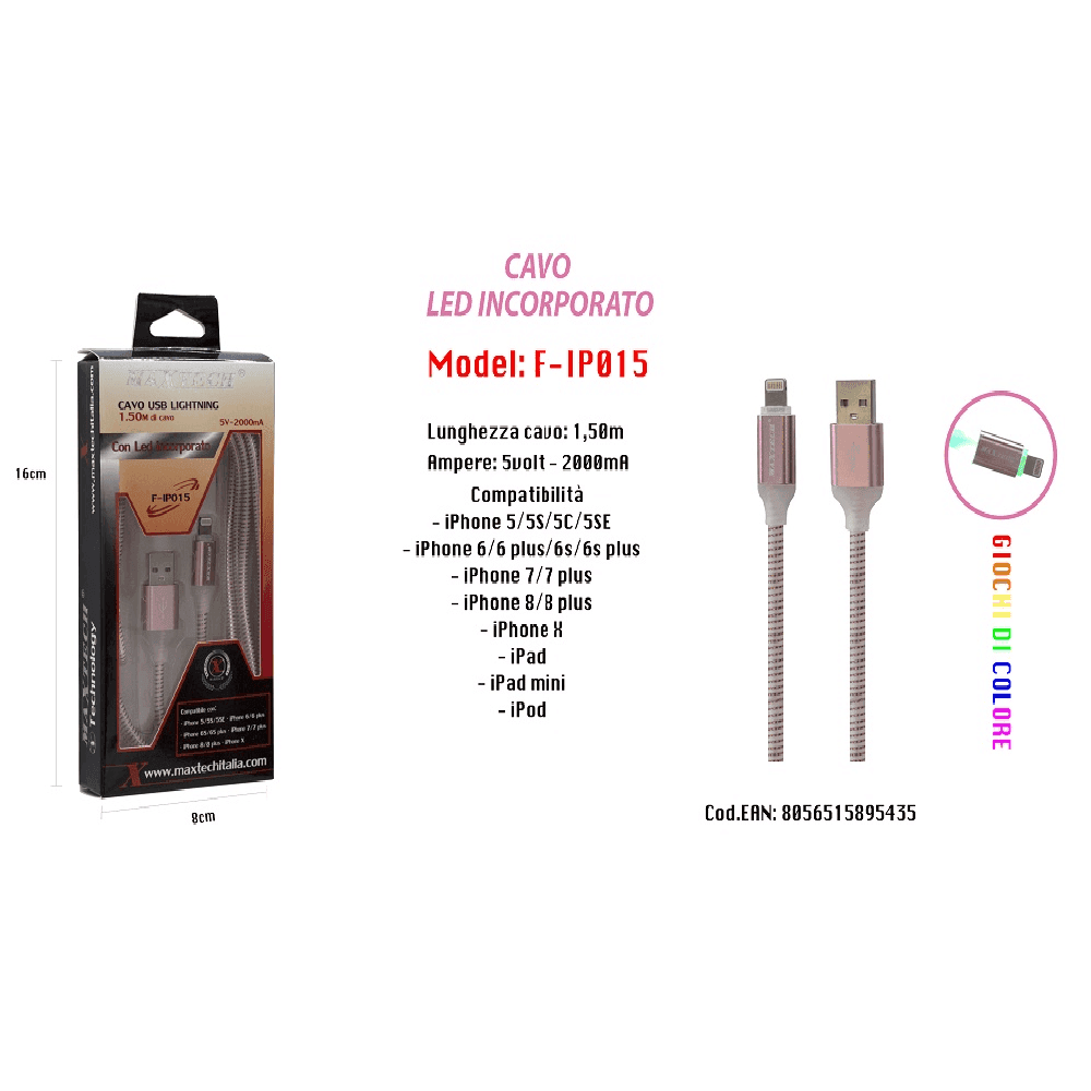 CAVO RICARICA LED INCORPORATO PER IPHONE IPAD IPOD 5VOLT-2000MA MAXTECH F-IP015 - 4