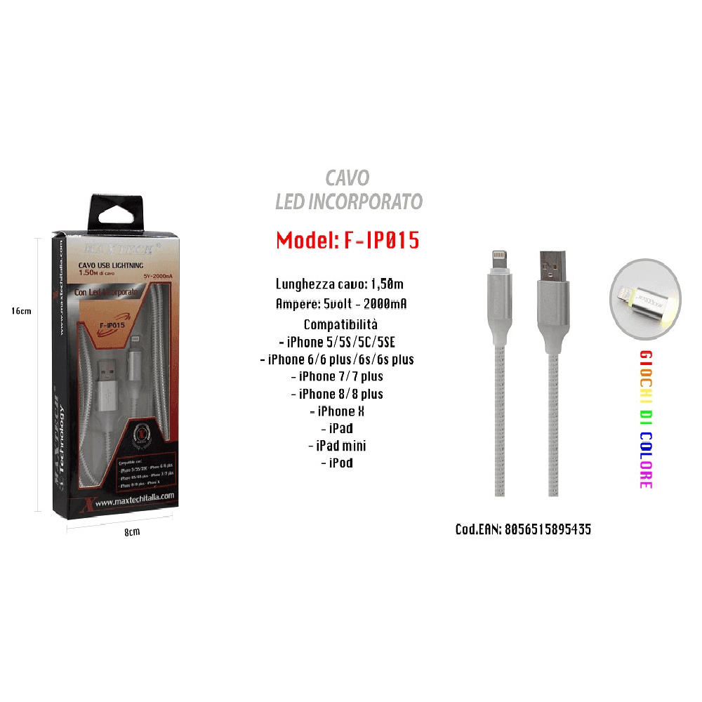 CAVO RICARICA LED INCORPORATO PER IPHONE IPAD IPOD 5VOLT-2000MA MAXTECH F-IP015 - 5