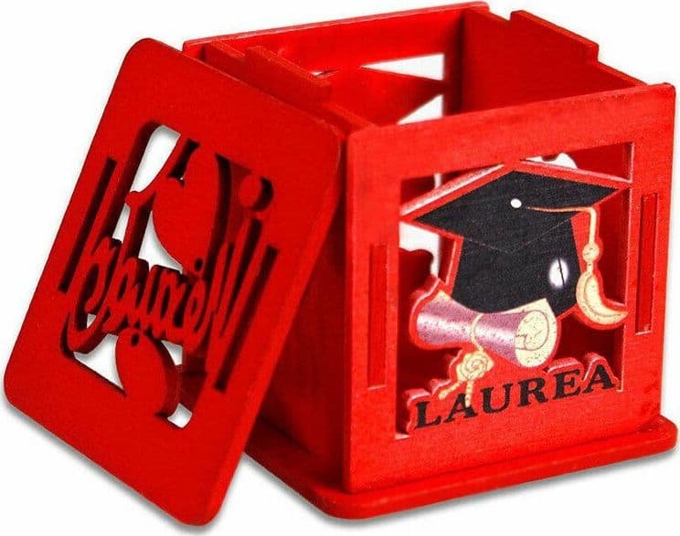 SCATOLINA CUBO IN LEGNO ROSSO CON COPERCHIO PORTA CONFETTI BOMBONIERA PER LAUREA - 2