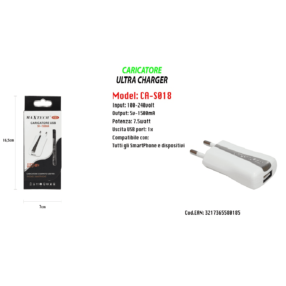 CARICATORE PRESA SPINA USB PER IPHONE SMARTPHONE 5V-1500MA PORTATILE MAXTECH CA-S018 - 3