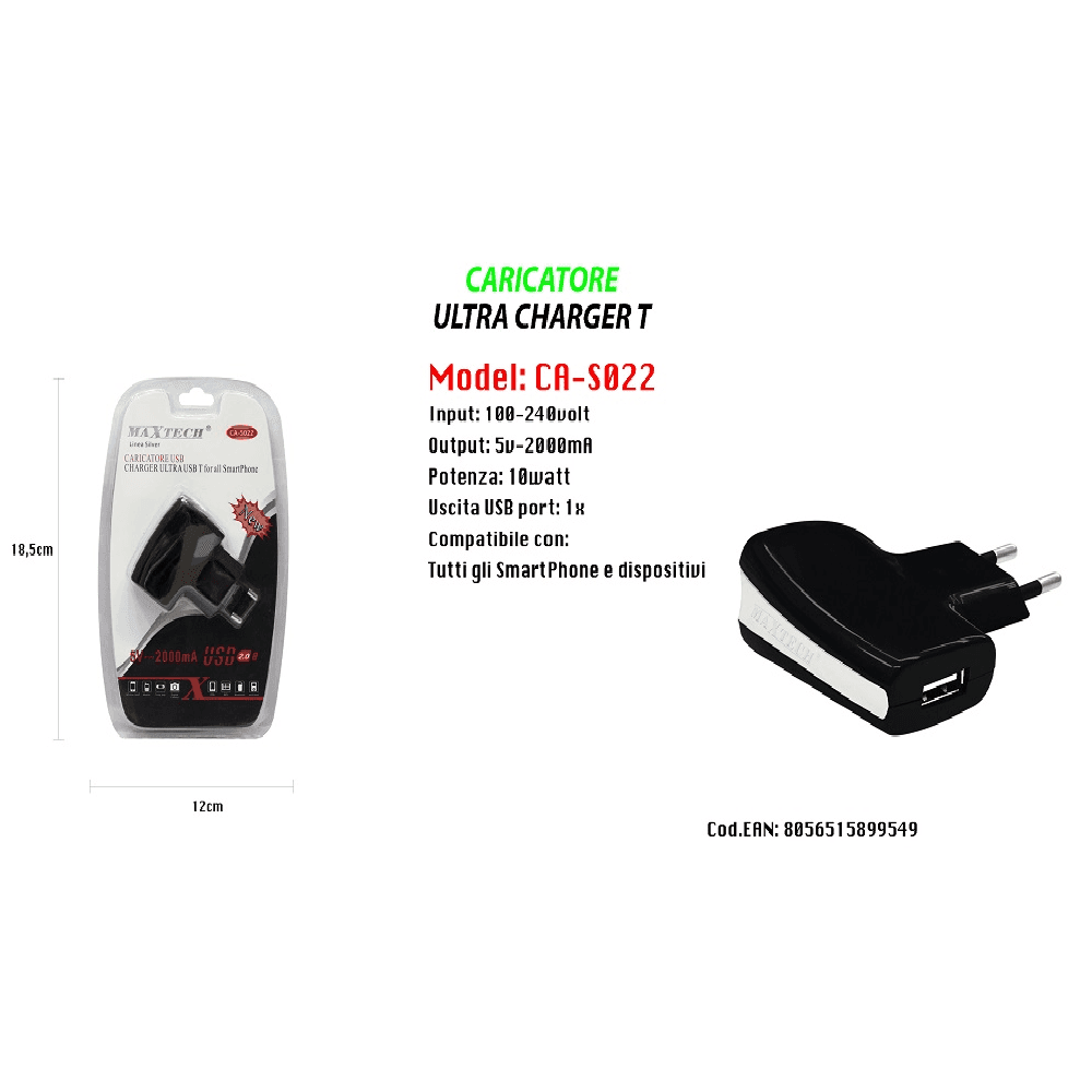 CARICATORE USB A PRESA SPINA RICARICA SMARTPHONE DISPOSITIVI 5V-2000MA MAXTECH CA-S022 - 2
