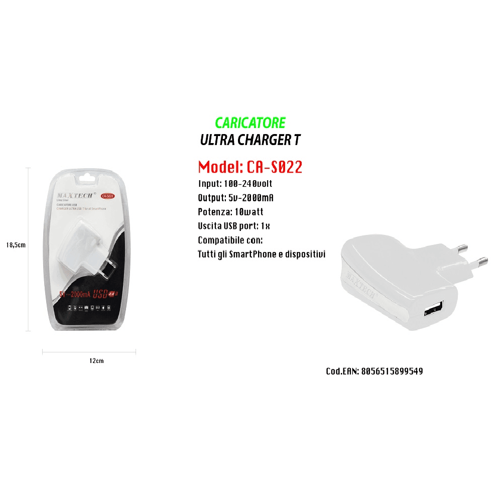 CARICATORE USB A PRESA SPINA RICARICA SMARTPHONE DISPOSITIVI 5V-2000MA MAXTECH CA-S022 - 4