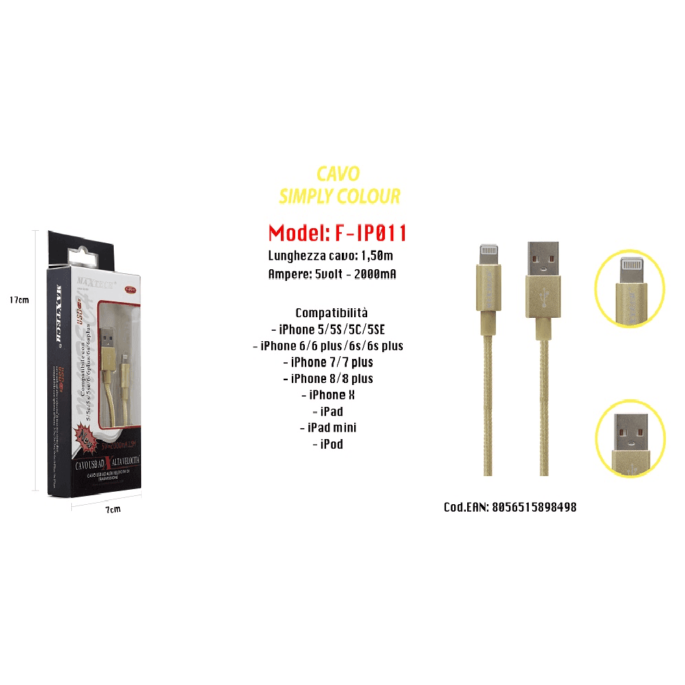 CAVO FILO USB VELOCE RICARICA PER IPHONE 5VOLT - 2000MA 1,50MT MAXTECH F-IP011 - 2