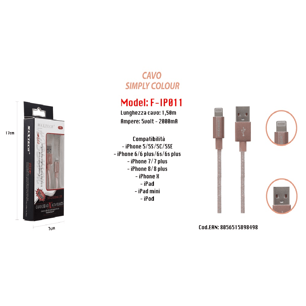 CAVO FILO USB VELOCE RICARICA PER IPHONE 5VOLT - 2000MA 1,50MT MAXTECH F-IP011