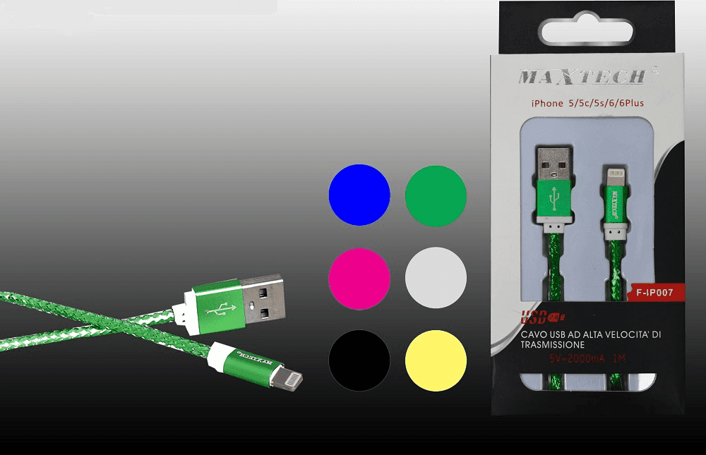 CAVO FILO USB ALTA VELOCITÀ PER IPHONE 5/5C/5S/6/6PLUS 5VOLT - 2000MA 1MT MAXTECH F-IP007