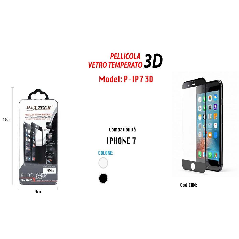 PELLICOLA IN VETRO TEMPERATO 3D PROTEZIONE COMPLETA PER IPHONE 7 MAXTECH P-IP7 3D - 2