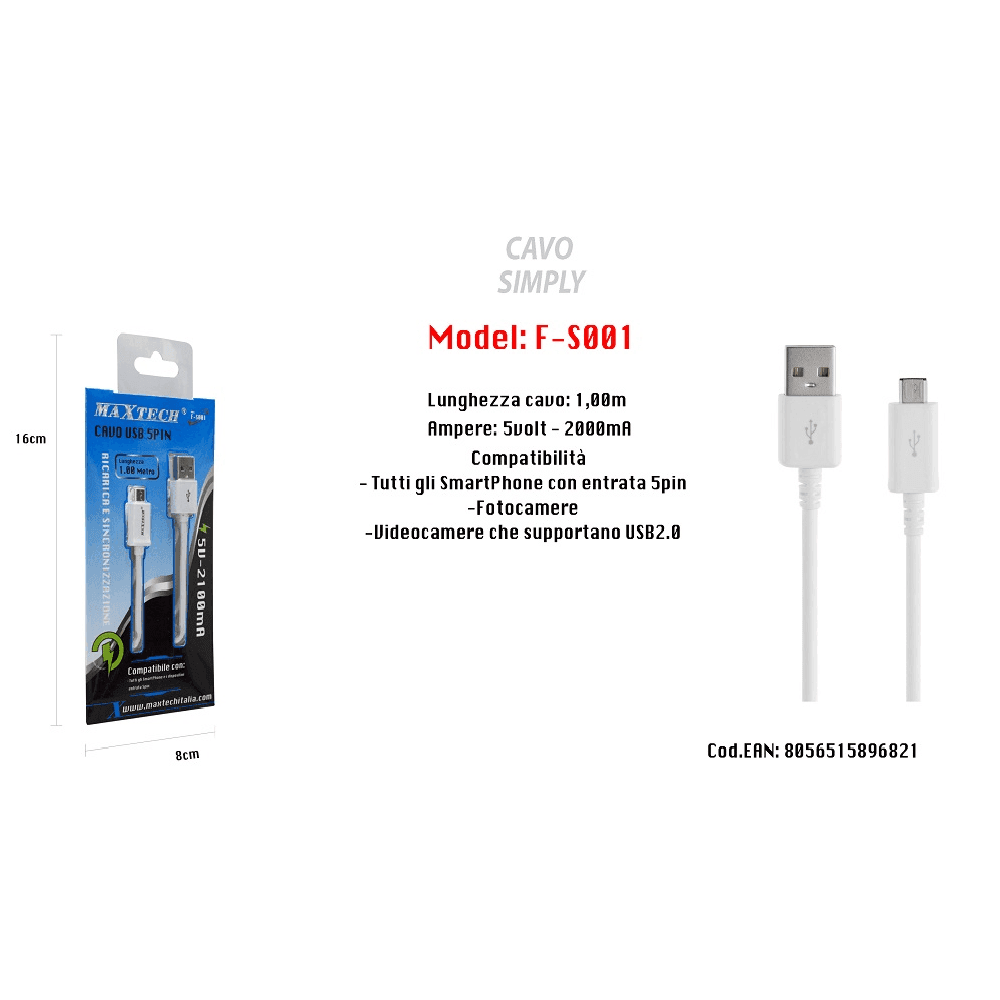 CAVO USB SIMPLY SMARTPHONE SAMSUNG 5VOLT - 2000MA 1,00MT 5PIN MAXTECH F-S001 - 2