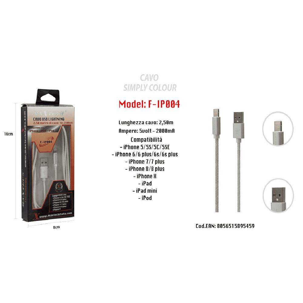 CAVO SIMPLY COLOUR PER IPHONE IPAD IPOD 5VOLT - 2000MA 2,50MT MAXTECH F-IP004 - 2