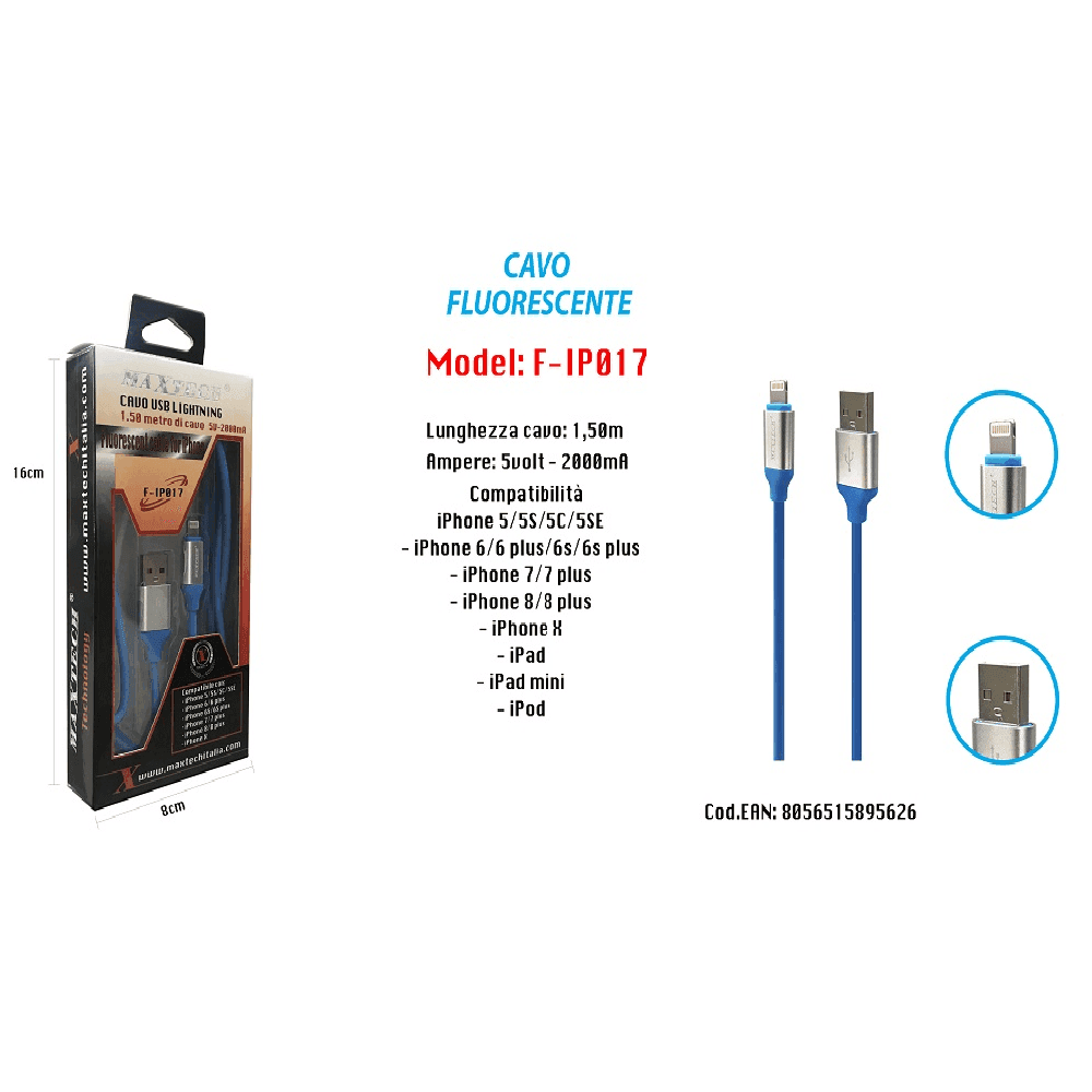 CAVO FLUORESCENTE RICARICA PER IPHONE IPAD IPOD 1,50MT 5VOLT - 2000MA MAXTECH F-IP017 - 2
