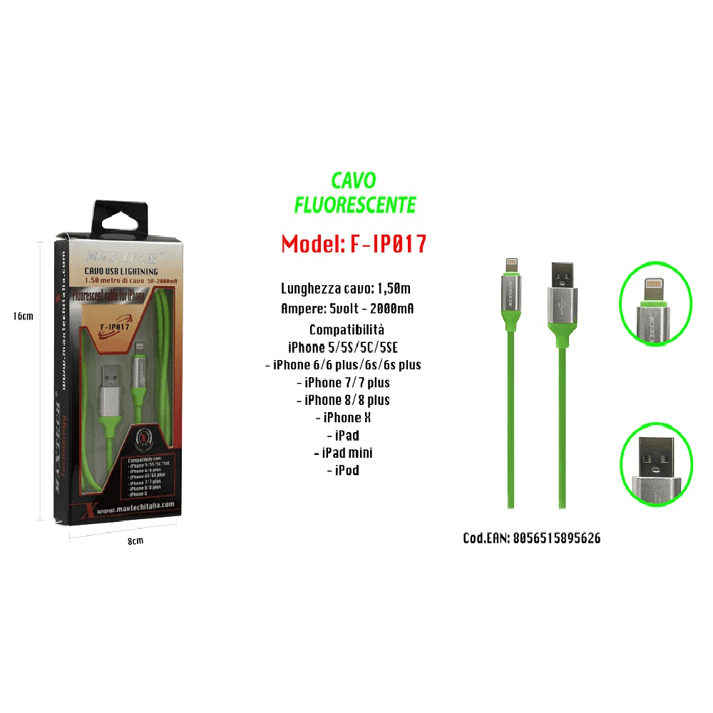 CAVO FLUORESCENTE RICARICA PER IPHONE IPAD IPOD 1,50MT 5VOLT - 2000MA MAXTECH F-IP017 - 3