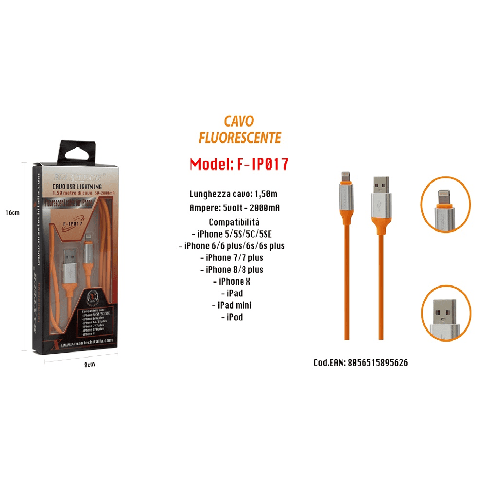 CAVO FLUORESCENTE RICARICA PER IPHONE IPAD IPOD 1,50MT 5VOLT - 2000MA MAXTECH F-IP017 - 4