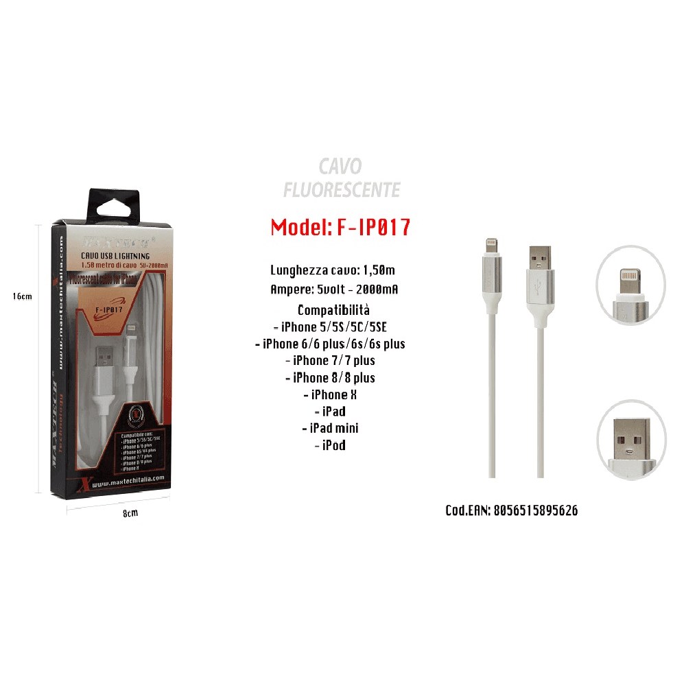 CAVO FLUORESCENTE RICARICA PER IPHONE IPAD IPOD 1,50MT 5VOLT - 2000MA MAXTECH F-IP017 - 6