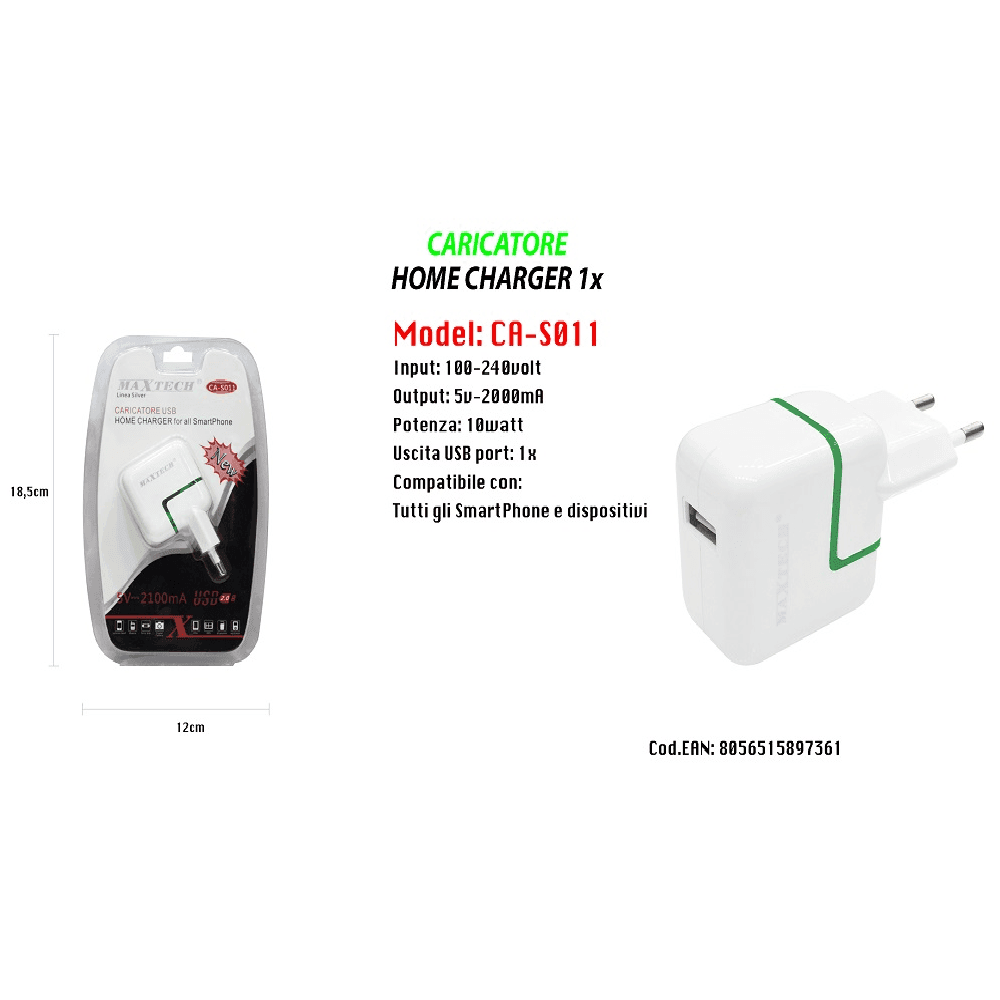 CARICABATTERIA CARICATORE USB ULTRA RICARICA PER SMARTPHONE 5V-2100MA MAXTECH CA-S011 - 2