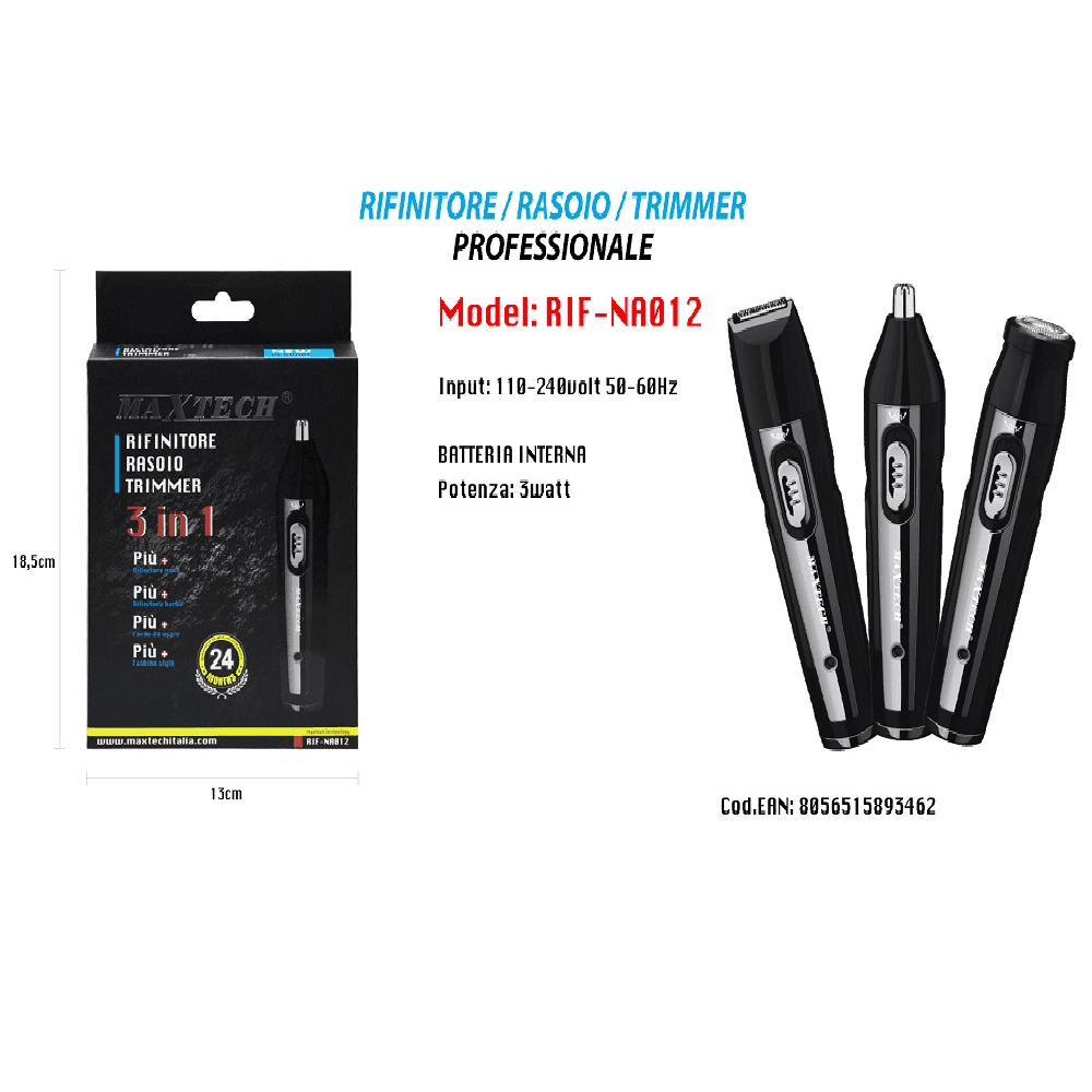 RASOIO RIFINITORE TRIMMER PER PELI NASO ORECCHIE SOPRACCIGLIA 3X1 RIF-NA012 - 2