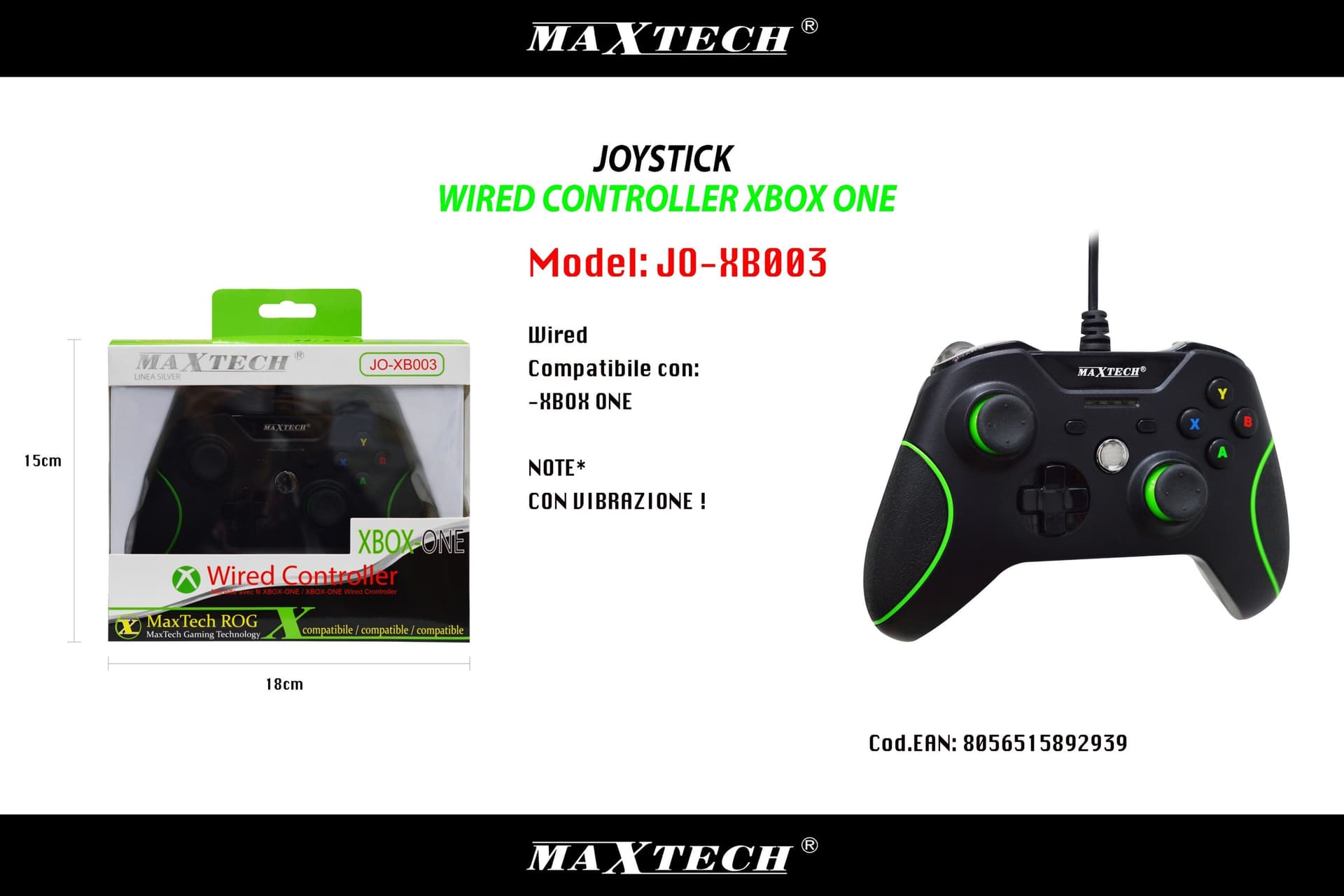JOYSTICK JOYPAD CONTROLLER NERO PER XBOX ONE CON CAVO FILO USB COMPATIBILE - 2