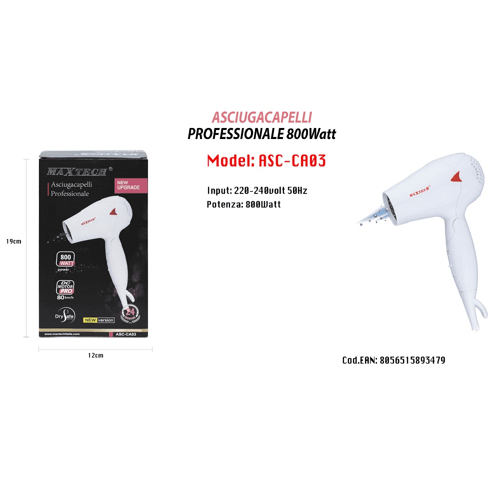 ASCIUGACAPELLI DA VIAGGIO 800W PIEGHEVOLE PHON CAPELLI CON BECCUCCIO PRECISIONE ASC-CA03 - 2