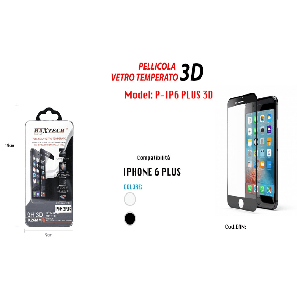 VETRO TEMPERATO 3D PROTEGGI SCHERMO PELLICOLA PER IPHONE 6 PLUS MAXTECH P-IP6 PLUS 3D - 2