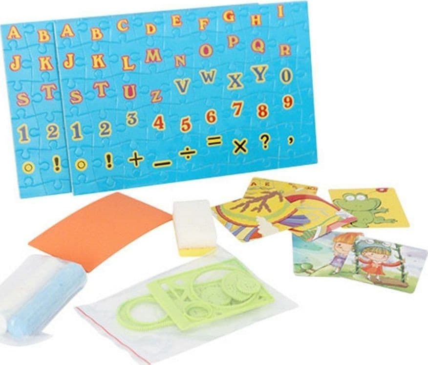 TAVOLO CON DOPPIA LAVAGNA PER BAMBINI SCOMPARTI PORTA ACCESSORI PUZZLE E GESSI - 4