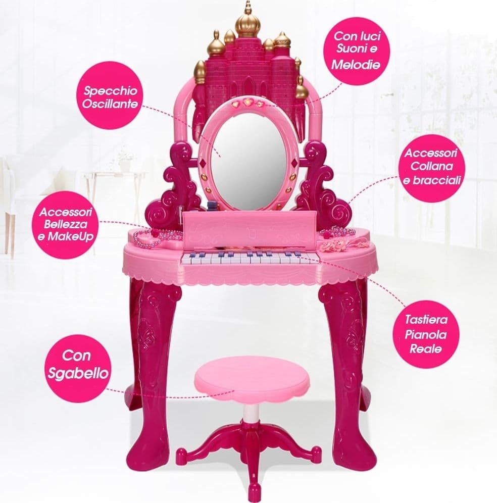 SPECCHIERA MAKE UP PER BAMBINA CON LUCI SUONI TASTIERA PIANOLA E SGABELLO 2IN1 - 5