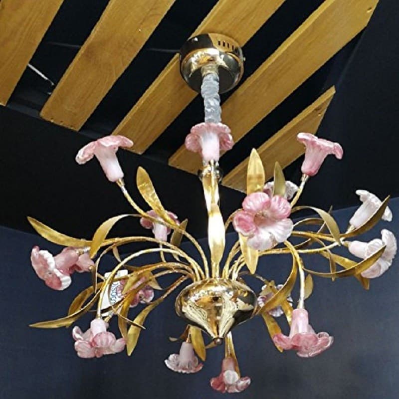 LAMPADARIO PENDENTE CON FIORI ROSA ACCIAIO ORO VETRO LUCE SOSPENSIONE SOFFITTO - 2