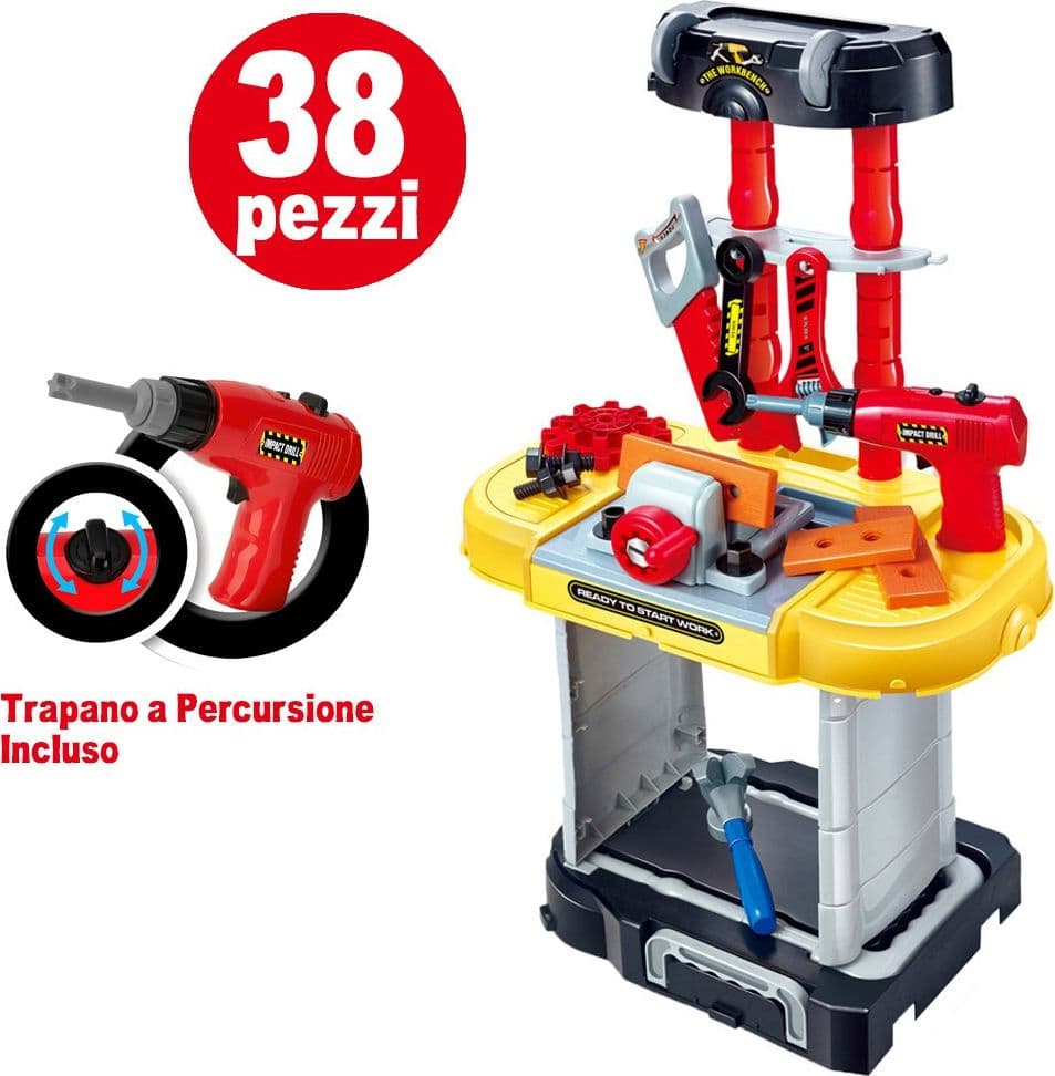 BANCO ATTREZZI LAVORO GIOCATTOLO BAMBINI RICHIUDIBILE IN TROLLEY CON TRAPANO - 5