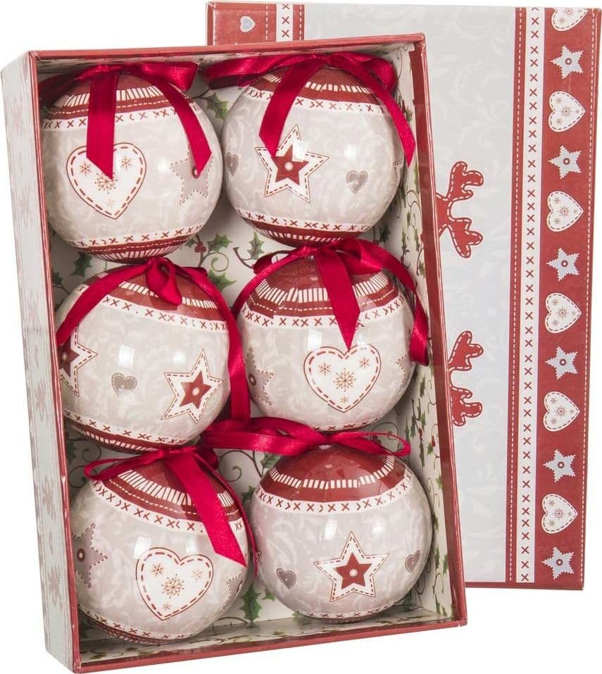 SET 6 PALLINE NATALIZIE STAMPA CUORE STELLE 7,5CM CON NASTRO DECORAZIONI NATALE - 3