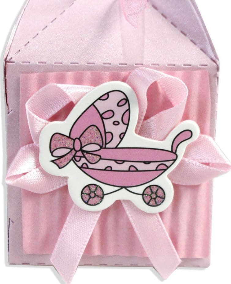 12 SCATOLINE PORTA CONFETTI BOMBONIERA NASCITA BATTESIMO BIMBA ROSA CARROZZINA - 2
