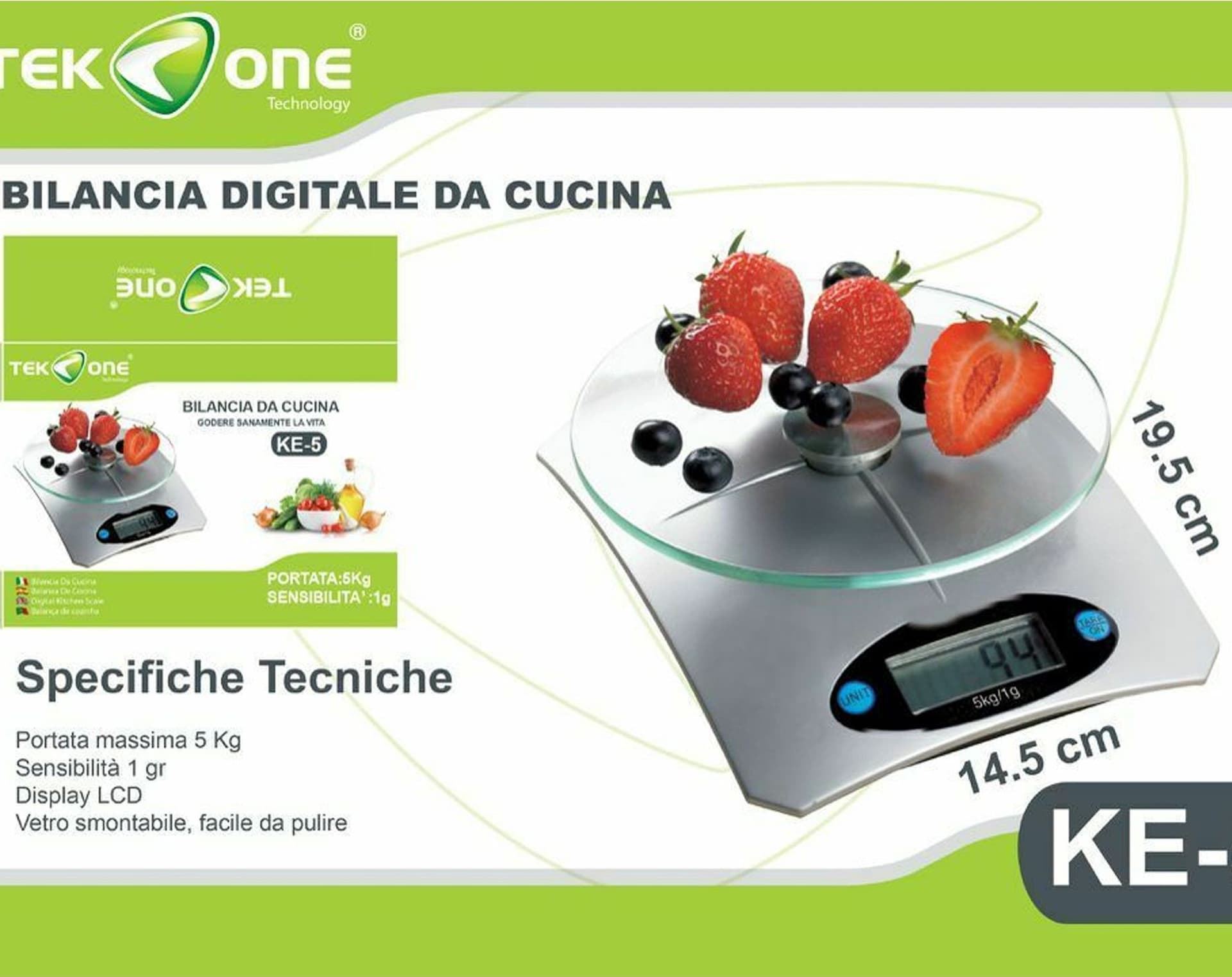 BILANCIA CUCINA DIGITALE TEKONE KE-5 5KG ALIMENTI RIPIANO VETRO PRECISIONE - 2