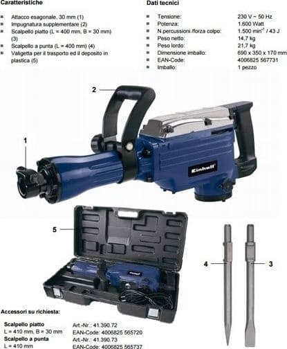 MARTELLO DEMOLITORE EINHELL BT-DH 1600 MOTORE 1600W 2 PUNTE SCALPELLO VALIGETTA - 4