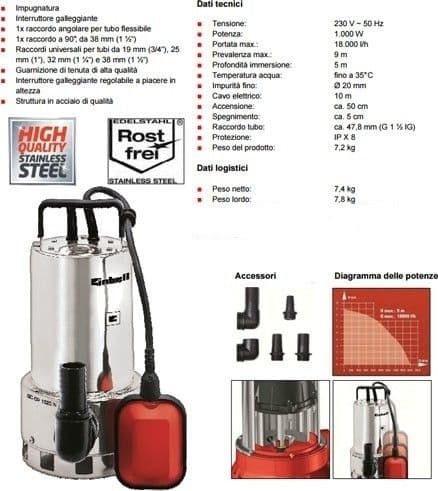 POMPA SOMMERSA EINHELL GC-DP 1020 N PORTATA MAX 18.000 L/H ACQUE SCURE - 7
