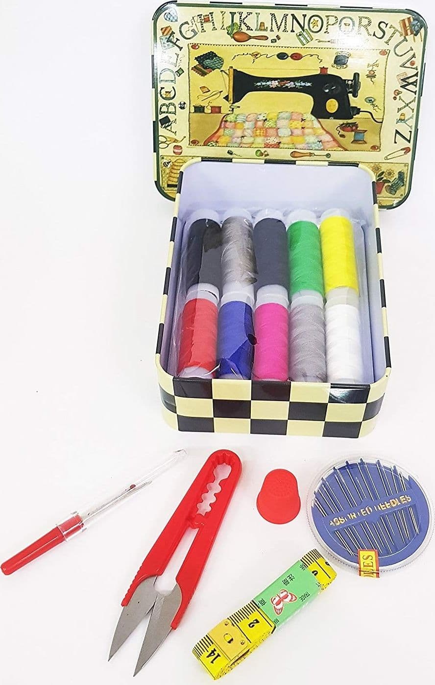 KIT SCATOLA IN LATTA DA CUCITO SARTA DA VIAGGIO FILO AGO DITALE FORBICI METRO - 2