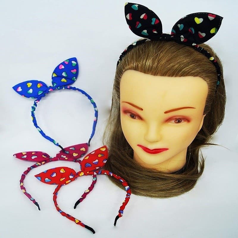 SET 2PZ CERCHIETTO RETRO CUORI ORECCHIE FERMACAPELLI TESSUTO ACCESSORI ACCONCIATURA
