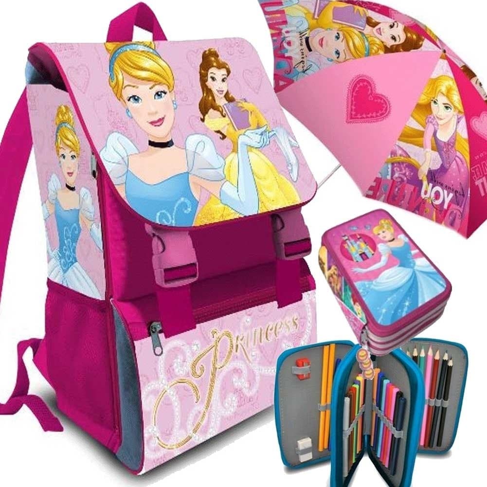 ZAINO SCUOLA ESTENSIBILE DISNEY PRINCESS KIT COMPLETO OMBRELLO E ASTUCCIO 3 ZIP - 5
